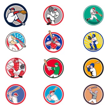 Collection of icon illustration of cartoon character American baseball player, pitcher or batter, batting, pitching or throwing ball set inside circle isolated on white background.