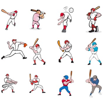 Set or collection illustration of American baseball player, pitcher or batter, batting, pitching or throwing ball cartoon style isolated on white background.