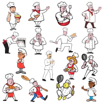 Set or Collection of cartoon character style illustration of a chef, baker or cook in full body on isolated white background.