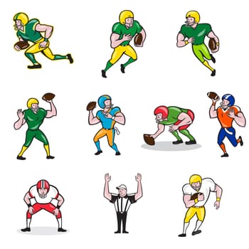 Set or Collection of cartoon character style illustration of American football player in different roles like quarterback, running back, center,wide receiver,tackle, guard and referee on isolated white background.