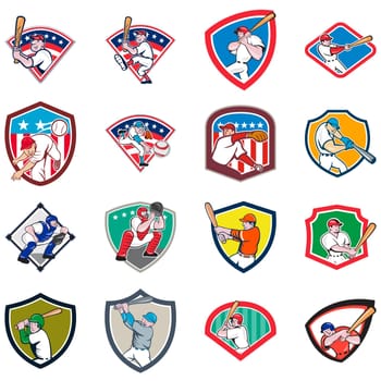Collection of cartoon icon illustration of American baseball player, pitcher or batter, batting, pitching or throwing ball set inside shield isolated on white background.