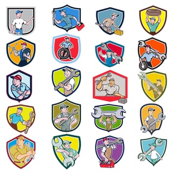 Set or Collection of cartoon character icon style illustration of bust of mechanic, technician, tireman, auto mechanic or industrial worker set inside crest or shield on isolated white background.