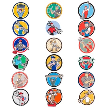 Set or Collection of cartoon character icon style illustration of mechanic, technician, tireman, auto mechanic or industrial worker set inside circle shape on isolated white background.