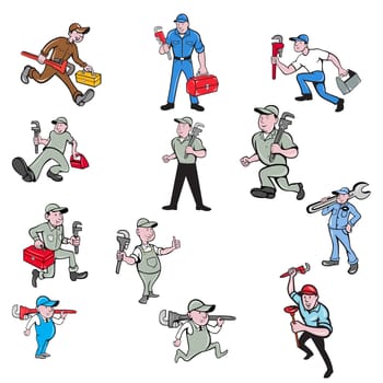 Set or collection of cartoon character mascot style illustration of a plumber contractor in overalls and hat carrying monkey wrench and toolbox walking, running and standing on isolated white background.