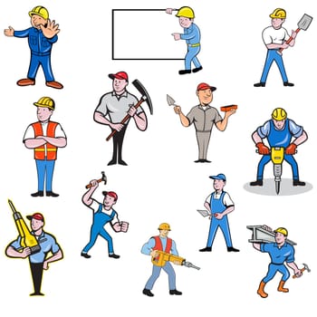 Set or Collection of cartoon character style illustration of construction worker, carpenter,engineer or builder at work in full body on isolated white background.