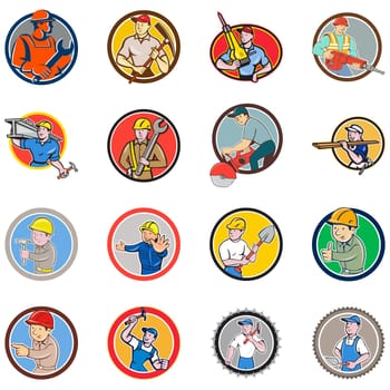 Set or Collection of cartoon character icon style illustration of bust of construction worker, carpenter,engineer or builder at work set inside circle, round or oval shape on isolated white background.