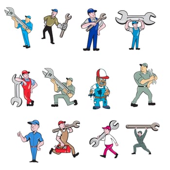 Set or Collection of cartoon character style illustration of mechanic, technician, tireman, auto mechanic or industrial worker in full body on isolated white background.