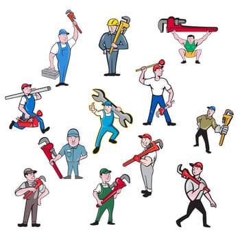 Set or collection of cartoon character mascot style illustration of a plumber contractor in overalls and hat carrying monkey wrench and toolbox walking, running and standing on isolated white background.