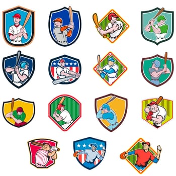 Collection of cartoon icon illustration of American baseball player, pitcher or batter, batting, pitching or throwing ball set inside shield isolated on white background.