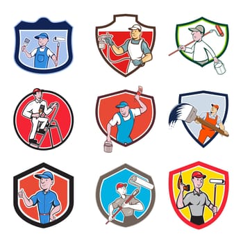Set or collection of cartoon character mascot style illustration of house or domestic painter, builder, handyman, decorator, contractor or renovator set in crest on isolated white background.