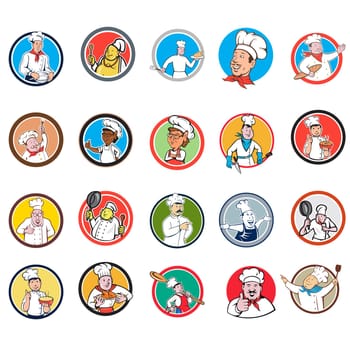 Set or Collection of cartoon character style illustration of bust of a chef, baker or cook inside circle on isolated white background.