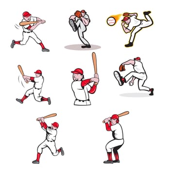 Set or collection of cartoon character mascot style illustration of a baseball player, pitcher and batter on isolated white background.