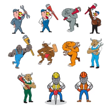 Set or collection of cartoon character mascot style illustration of an animal tradesman like a turkey, bear, bull, gorilla that is a plumber, mechanic and construction worker on isolated white background.