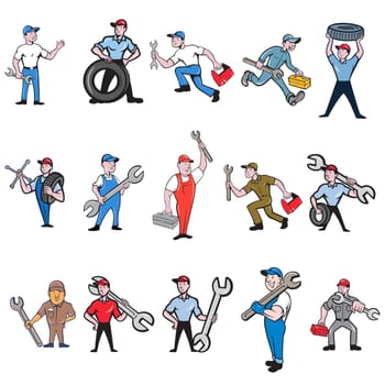 Set or Collection of cartoon character style illustration of mechanic, technician, tireman, auto mechanic or industrial worker in full body on isolated white background.