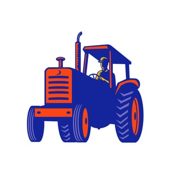 Retro style illustration of a vintage farm tractor viewed from front on low angle on isolated background.