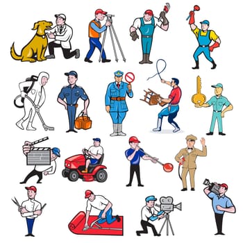 Set or collection of cartoon mascot style illustration of tradesman, surveyor, plumber, cleaner, paramedic, policeman, lion trainer, locksmith, gardener, glassmaker, carpet layer, cameraman and barber on isolated background.