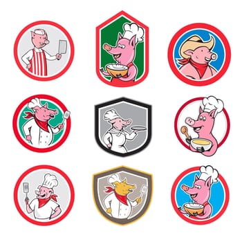 Set or collection of cartoon character mascot style illustration of pig, hog or boar as worker, chef, cook, butcher, waiter, cowboy, soldier, military personnel set in circle, oval, crest or shield on isolated white background.