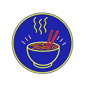 Retro style illustration showing a 1990s neon sign light signage lighting of a hot noodle bowl with chopsticks set in circle on blue background.