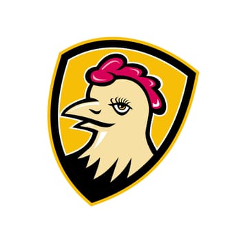 Mascot icon illustration of head of a hen or chicken viewed from side set inside crest or shield viewed from   on isolated background in retro style.
