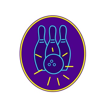 Retro style illustration showing a 1990s neon sign light signage lighting of a bowling ball hitting strike on ten pin set in oval on isolated background.