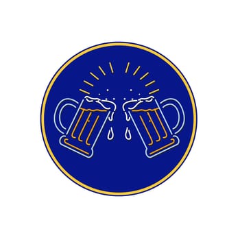 Retro style illustration showing a 1990s neon sign light signage lighting of a  beer mug toasting set inside oval or circle on isolated background.