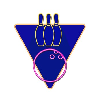 Retro style illustration showing a 1990s neon sign light signage lighting of a bowling ball hitting strike on ten pin set inside triangle on isolated background.