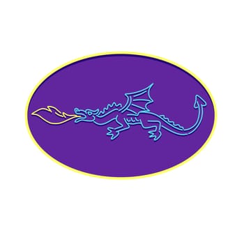Retro style illustration showing a 1990s neon sign light signage lighting of a medieval dragon breathing fire set in oval on isolated background.