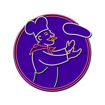 Retro style illustration showing a 1990s neon sign light signage lighting of a baker, cook or pizza chef tossing dough in circle on isolated background.