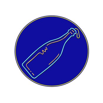 Retro style illustration showing a 1990s neon sign light signage lighting of a champagne wine bottle dripping or pouring liquid on blue circle on isolated background.
