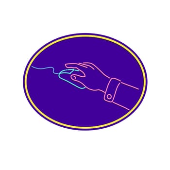 Retro style illustration showing a 1990s neon sign light signage lighting of a hand clicking computer mouse  set in oval on isolated background.