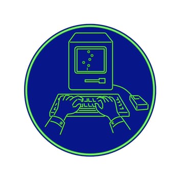 Retro style illustration showing a 1990s neon sign light signage lighting of a hand typing on keyboard of a vintage personal computer set in blue oval shape on isolated background.