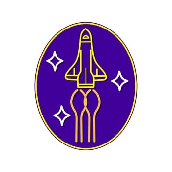 Mono line illustration of a space shuttle cruising in space passing stars inside blue oval shape done in monoline style.