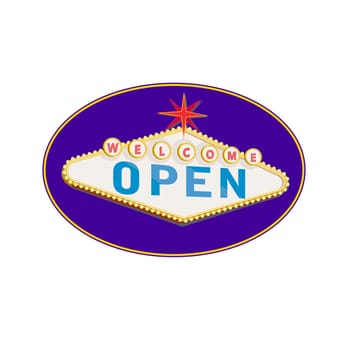 Retro style illustration showing a 1990s neon sign light signage lighting of a Las Vegas style  light signage lighting of welcome open sign on blue oval on isolated background.