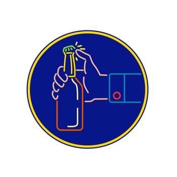 Mono line illustration of male hand opening cap of a beer bottle by flicking with thumb set inside blue circle done in monoline style.