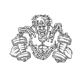 Cartoon style illustration of a muscular, buffed or ripped male athlete with goatie and dumbbells breaking free from chains and shackle viewed from front done in black and white.