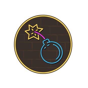 Retro style illustration showing a 1990s neon sign light signage lighting of a vintage round bomb with lit fuse exploding on black brick wall set inside circle on isolated background.
