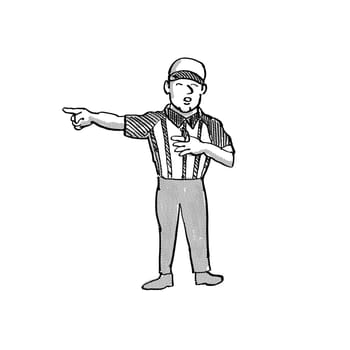 Cartoon style illustration of an American football official or referee done in black and white on isolated white background