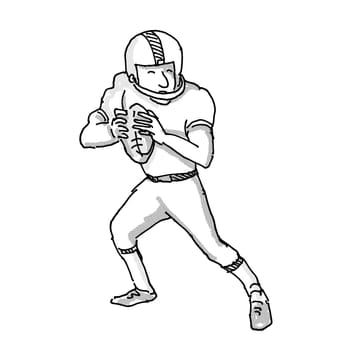 Cartoon style illustration of an American football player done in black and white on isolated white background