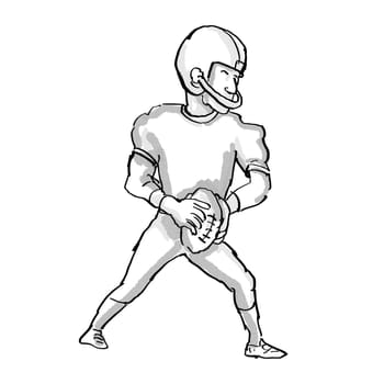 Cartoon style illustration of an American football player done in black and white on isolated white background