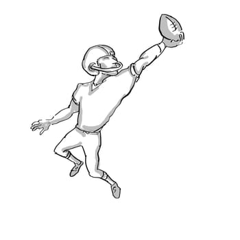 Cartoon style illustration of an American football player done in black and white on isolated white background