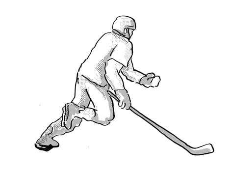 Cartoon style illustration of an ice hockey player in action pose on isolated white background done in retro black and white.