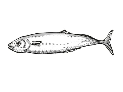 Retro cartoon style drawing of a Koheru, a native New Zealand marine life species viewed from side on isolated white background done in black and white