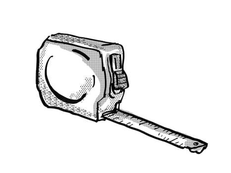 Retro cartoon style drawing of a measuring tape or tape measure on isolated white background done in black and white