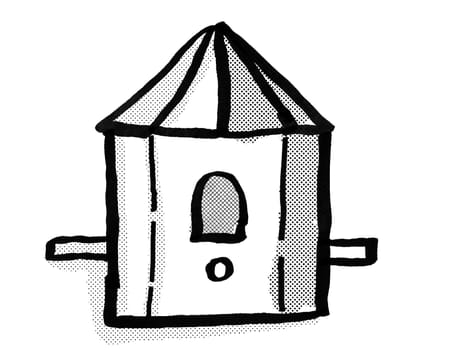 Retro cartoon style drawing of a birdhouse or bird house on isolated white background done in black and white
