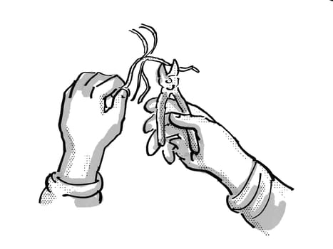 Retro cartoon style drawing of an electrician hand with pliers cutting electrical wire on isolated white background done in black and white
