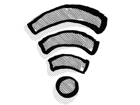 Retro cartoon style drawing of a wifi internet connection symbol icon on isolated white background done in black and white
