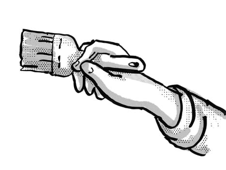 Retro cartoon style drawing of a domestic house painter hand painting with paintbrush on isolated white background done in black and white