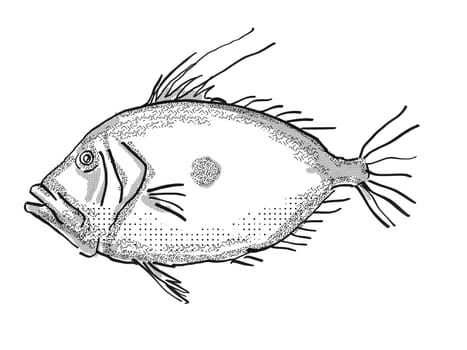 Retro cartoon style drawing of a John Dory, a native New Zealand marine life species viewed from side on isolated white background done in black and white