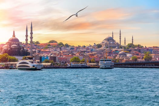 The Suleymaniye Mosque and the Rustem Pasha Mosque, view from the Bosphorus, Istanbul, Turkey.