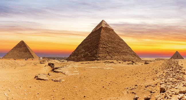 The Great Pyramids and the sunset in Giza, Cairo, Egypt.